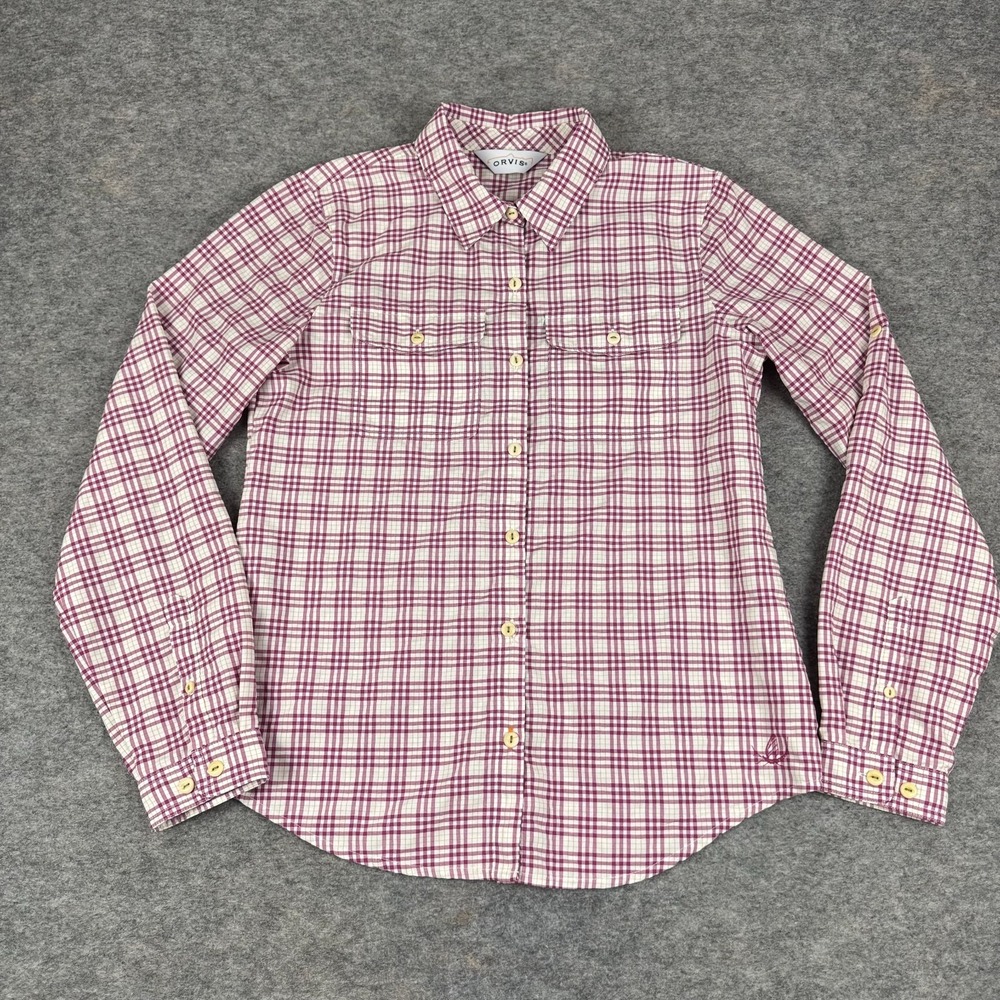 Orvis Button Up Shirt Long Sleeve Roll Tab Plaid Polyester Nylon Womens XS